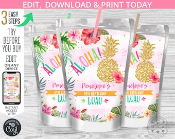 May include: Three printable juice box labels with a tropical luau theme. The labels feature a pineapple with gold glitter, pink hibiscus flowers, green palm leaves, and the text "Aloha! Penelope's 5th Birthday Luau".
