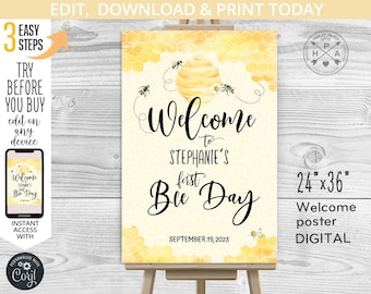 Bee Day welcome sign 24x36 baby first birthday honey bumble bee hive yellow shower bee-day guestbook poster. Editable template. 059HPA 24