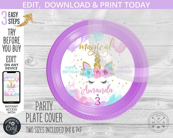 Unicorn charger plate label, personalized cover. Magical birthday printable plate labels. Instant access to editable template. 046HPA 15 A Il_570xn