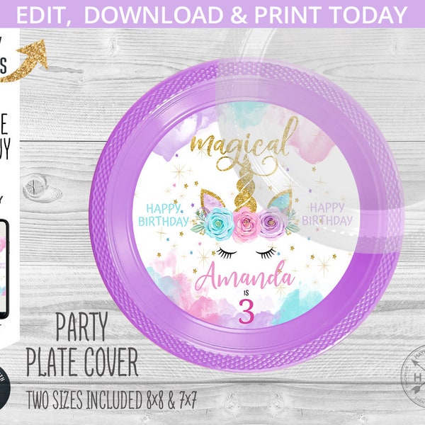 Unicorn charger plate label, personalized cover. Magical birthday printable plate labels. Instant access to editable template. 046HPA 15 A