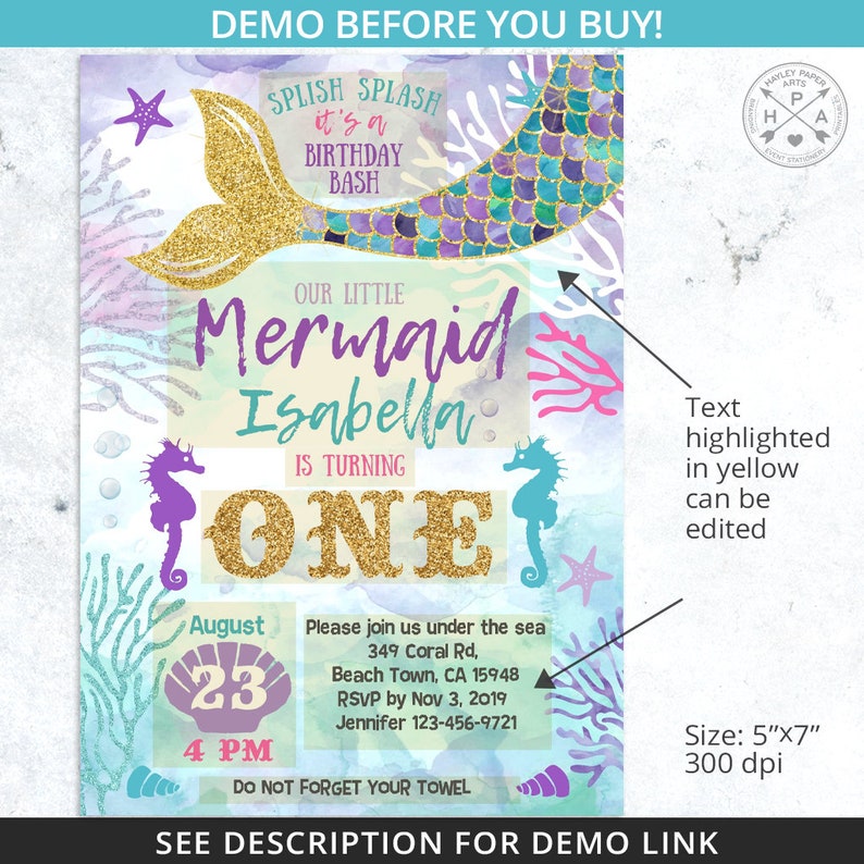 May include: A mermaid-themed first birthday party invitation with a watercolor background. The invitation features a mermaid tail with purple and teal scales, a seahorse, and the text "Our Little Mermaid Isabella is turning One". The invitation also includes the date, time, and location of the party.