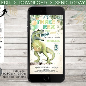 Op de afbeelding: Een groene dinosaurus-verjaardagsuitnodiging met een groen, geel en blauw kleurenschema. De uitnodiging toont een cartoon-dinosaurus met de tekst "Three Rex Stomp Roar Chomp" en "Let's Party Like a Dinosaur". De uitnodiging is voor Michaels 3e verjaardag.