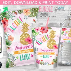BUNDLE Ananas Aloha Hawaii Chips Tasche, Saft Beutel, Wasserflaschen Etiketten, Mädchen Gunst Packung, Luau Geburtstag. Bearbeitbar bedruckbar. 187HPA 40