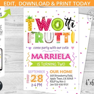 TWOtti frutti 2da invitación de cumpleaños frutas tutti frutal fiesta de dos frutas tti invita invitaciones de frutas. Imprimible editable 4x6. 028HPA 02