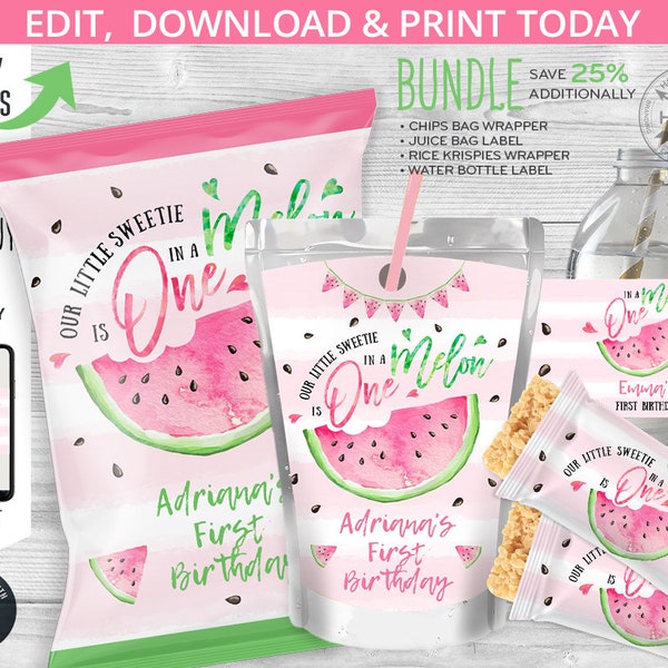 Melon birthday pack, one in a melon, party bundle, chips bag, juice bags, rice labels, water label, 1st birthday. Editable. 050HPA 24