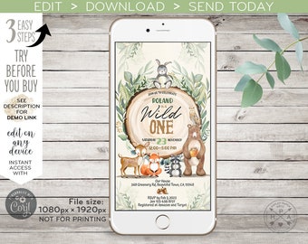May include: A digital invitation for a first birthday party with a woodland theme. The invitation features a brown bear, a fox, a deer, a raccoon, and a bunny rabbit. The text on the invitation reads "Join us to celebrate Roland is a Wild One. Saturday 23 November 12:00-5:00 PM. Our House 349 Greenery Rd, Beautiful Town, CA 15948. RSVP by Feb 3, 2023 Jen 123-456-9721 Registered at Amazon and Target."