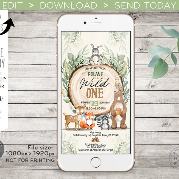 Woodland wild one electronic invitation forest wild animals birthday smartphone e-vite, digital texting sms invite party. E093 01 093HPA