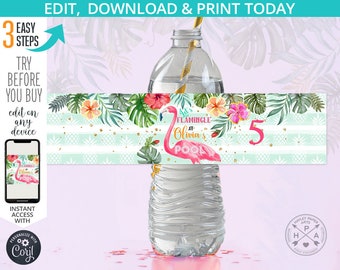 Flamingo pool water bottle label birthday tropical pineapple pink let's flamingle party fiesta decoration. Editable template. 044HPA 19 C