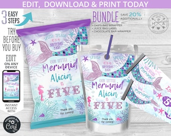 BUNDLE Mermaid chips bag, juice bag labels, chocolate bar wrappers, snacks treat, chips pouch, any age birthday. Editable template 060HPA 59