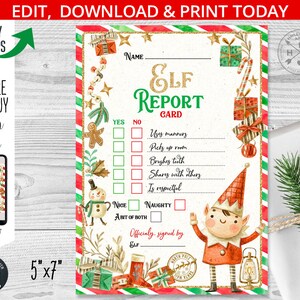 Boleta de calificaciones de elfos. Notas del elfo. Carta de duendes navideños. Correo oficial de vigilancia del Polo Norte. Editable imprimible. 205HPA 09A