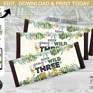 May include: Printable chocolate bar wrapper with a jungle theme. The wrapper features green and gold foliage, a monkey, and the text "Young is Wild & Three".