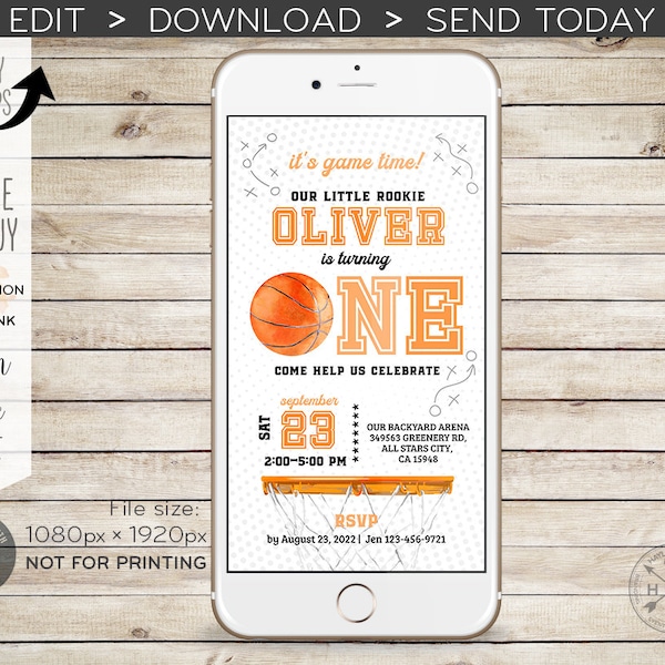 Basketball boy first birthday electronic invitation ONE sports basket all stars party smartphone e-vite digital. Editable E218 01 218HPA