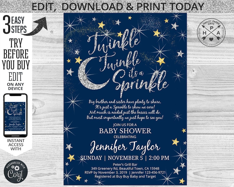 EDITABLE Twinkle It's a Sprinkle Baby Shower Poem Silver - Etsy