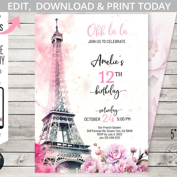 Paris eiffel tower bohemian birthday teen girl french ohh la la invitation, bonjour parisian party pink boho. Editable printable. 236HPA 01