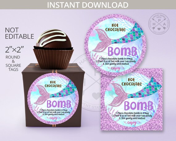 Mermaid hot chocolate bomb tag or sticker. Printable cocoa favor tags round circle square 2x2. Instant download. NOT EDITABLE. 304HPA 060 A Il_570xn