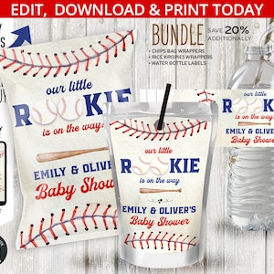 BUNDLE Baseball Baby Shower Chips Tasche, Saftbeutel, Wasserflaschenetiketten, Ballsport Rookie Way Party Pack. Online-Ausdrucke. 192HPA 50