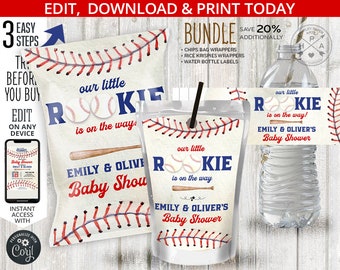 BUNDLE Baseball baby shower chips bag, juice bags, water bottle labels, ball sports rookie way party pack. Online printables. 192HPA 50
