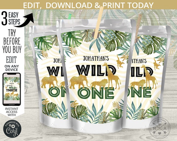 EDITABLE Jungle Wild One juice bag label, capri juice bags, gold safari animals pouch, first 1st birthday party online template. 040HPA 31 F Il_570xn
