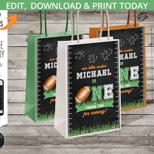 Étiquettes de sac cadeau en papier de football, premier anniversaire, étiquette à emporter pour petite recrue ONE. Imprimable modifiable. 217 HPA 15 A