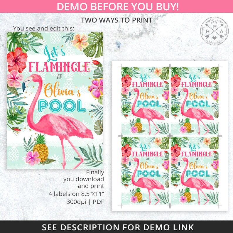 May include: Four printable labels featuring a pink flamingo with the text "Let's Flamingle at Olivia's Pool". The labels are designed for a pool party and feature tropical flowers and pineapple accents.