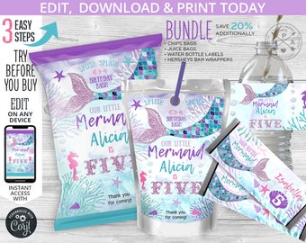 Mermaid party bundle, chips bag, juice bags, water bottle labels, candy bar wrappers, chips pouch, birthday. Editable printables. 060HPA 56