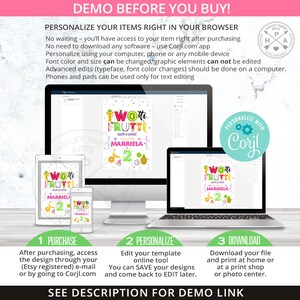 May include: A digital design template for a birthday party invitation. The design features a colorful illustration of fruit and the text "Two-th Fruiti such a cutie! Marriela is 2". The template can be personalized using the Corjl.com app.