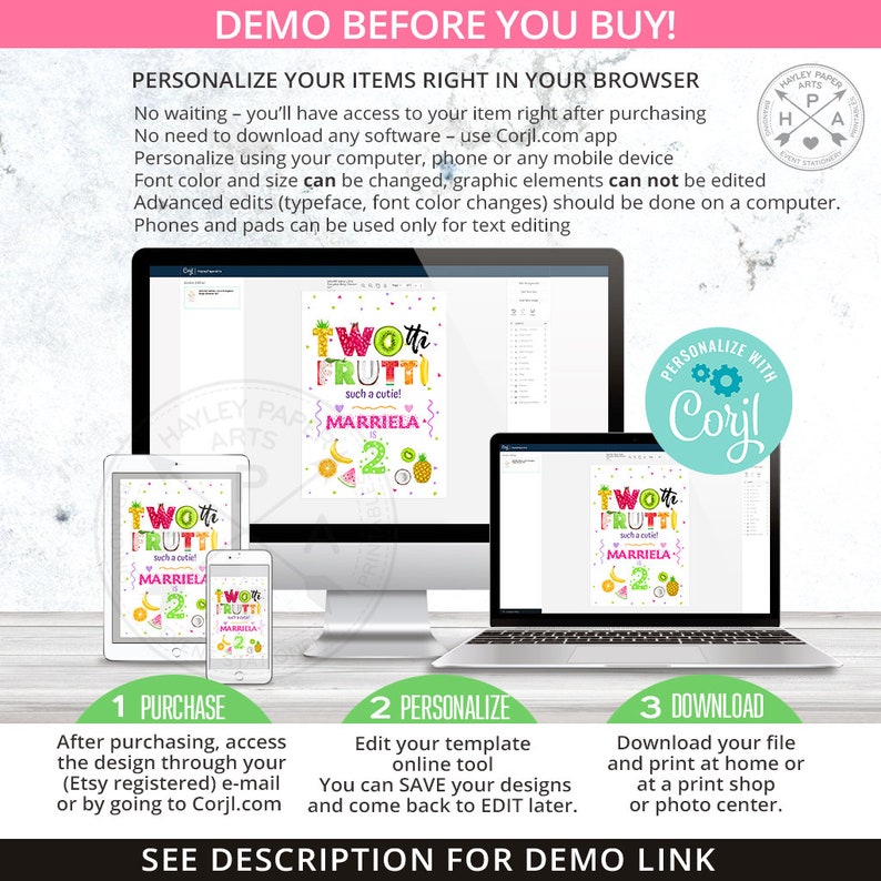 May include: A digital design template for a birthday party invitation. The design features a colorful illustration of fruit and the text "Two-th Fruiti such a cutie! Marriela is 2". The template can be personalized using the Corjl.com app.