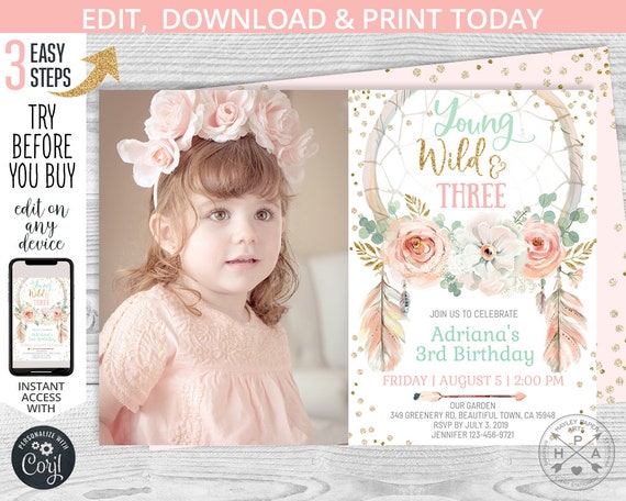 EDITABLE Young wild and three. Third birthday boho dreamcatcher invitation. Gold pink girl party. Instant access to the template. 035HPA 05 Il_570xn