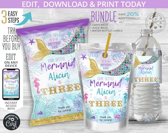 BUNDLE Mermaid chips bag, juice bags, water bottle labels, chips pouch, wrapper, any age birthday. Editable printable downloads. 060HPA 21