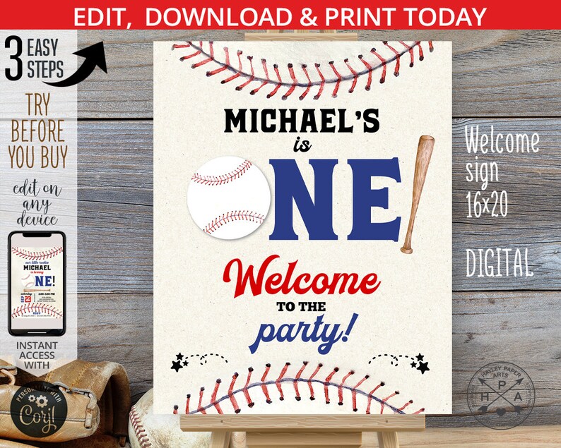 May include: A digital printable welcome sign for a baseball-themed first birthday party. The sign features a baseball, a bat, and the text "Michael's is One! Welcome to the party!" in red, white, and blue.