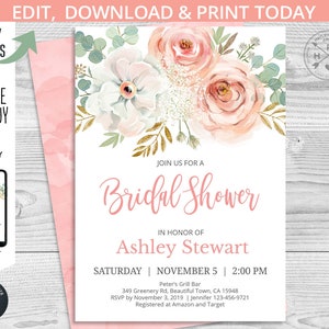 Może przedstawiać: R&oacute;żowe i białe kwiatowe zaproszenie na wiecz&oacute;r panieński z złotymi akcentami. Zaproszenie zawiera tekst "Join us for a Bridal Shower" w r&oacute;żowym kolorze i imię "Ashley Stewart" większą czcionką. Zaproszenie zawiera r&oacute;wnież datę i godzinę wieczoru panieńskiego, a także miejsce i informacje RSVP.