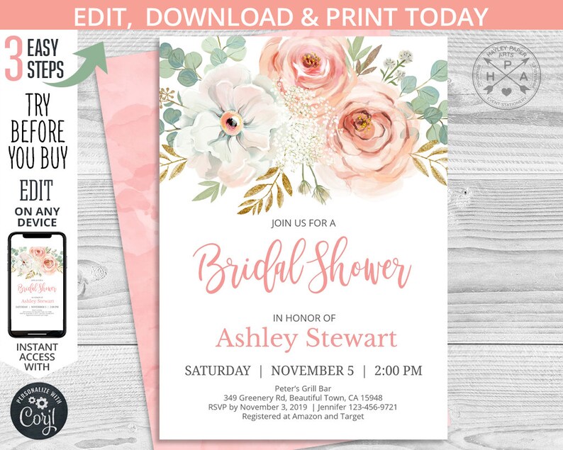 Może przedstawiać: R&oacute;żowe i białe kwiatowe zaproszenie na wiecz&oacute;r panieński z złotymi akcentami. Zaproszenie zawiera tekst "Join us for a Bridal Shower" w r&oacute;żowym kolorze i imię "Ashley Stewart" większą czcionką. Zaproszenie zawiera r&oacute;wnież datę i godzinę wieczoru panieńskiego, a także miejsce i informacje RSVP.