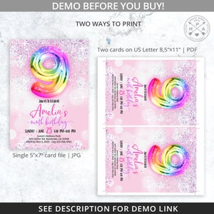 May include: A pink and white digital invitation with a rainbow number nine balloon. The invitation is for Amelia's ninth birthday party. The text on the invitation reads "Join us to celebrate Amelia's ninth birthday. Sunday, June 25, 5:30 PM - 8:00 PM. Jamie's Balloon Park, 349 Glitter Rd, Rainbows, CA 15948. RSVP by Nov 3, 2023 | Jen 123-456-9721."