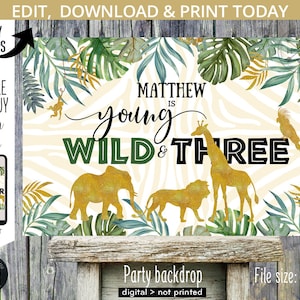 EDITABLE Jungle wild three table backdrop 36x24 third 3rd birthday safari gold animals board sign back drop. DIGITAL PRINTABLE. 040HPA 36 D