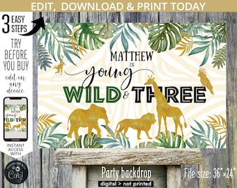 EDITABLE Jungle wild three table backdrop 36x24 third 3rd birthday safari gold animals board sign back drop. DIGITAL PRINTABLE. 040HPA 36 D