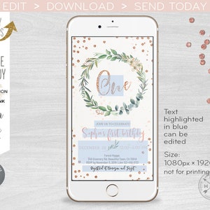 May include: A digital invitation for a first birthday party featuring a floral wreath design with gold glitter accents. The text "Sophia's first birthday" is highlighted in blue. The invitation includes the date, time, and location of the party.