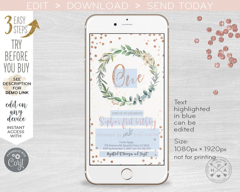 May include: A digital invitation for a first birthday party featuring a floral wreath design with gold glitter accents. The text "Sophia's first birthday" is highlighted in blue. The invitation includes the date, time, and location of the party.