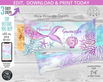 Mermaid tail rice krispies treats wrapper label, mermaid favors, any age birthday party rice krispie treat. Editable printable. 199HPA 32 A