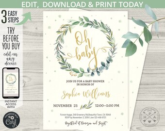 Greenery boho baby shower invitation, eucalyptus olive bohemian green invitations gender neutral. Printable editable template. 111HPA 01