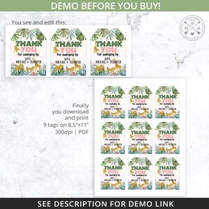 May include: Nine printable thank you tags featuring a jungle theme with green leaves, pink flowers, and gold animal silhouettes. The text on the tags reads "Thank You for swinging by Love Michael & Jennifer".