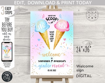 May include: A gender reveal party sign featuring a blue and pink ice cream cone design. The sign reads "What's the scoop?" and "Welcome to Samantha & Matthew's Gender Reveal 05 08 2022". The sign measures 61 cm by 91 cm.