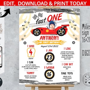 Race Car Fast ONE Stats Milestone 1st Birthday Sign. First Speed Racing ...