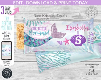 Mermaid tail rice treats wrapper label, mermaid favors, any age birthday party rice krispy treat editable template. 060HPA 32 B