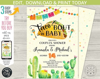 Può includere: Un invito stampabile per una festa di coppia a tema taco. L'invito presenta un taco di cartone animato con il testo "Taco Bout a Baby" e una maraca. L'invito è decorato con coriandoli colorati e illustrazioni di cactus. Il testo sull'invito recita: "Unisciti a noi per una festa di coppia in onore di Amanda & Michael's il 14 dicembre, dalle 14:00 alle 16:00 La nostra casa 349 Taco Rd, Cactus Tn, CA 15948 RSVP entro il 3 dicembre 2019 Jen 123-456-9721 registrato su Target e Amazon"