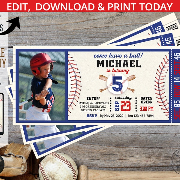 Baseball ticket invitation birthday any age navy blue red boy photo party invite slugger sports ball game. Editable design. 191HPA 44 C