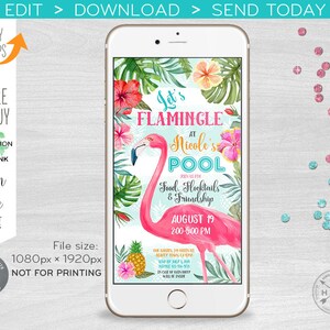 May include: A digital invitation for a pool party with a pink flamingo illustration. The text reads "Let's Flamingle at Nicole's Pool. Join us for Food, Floktails & Friendship. August 19, 2:00-5:00 PM."