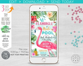 Let's Flamingle electronic pool party flamingo invitation pineapple tropical, smartphone e-vite, digital. Selfediting. 400HPA E044 08 044HPA