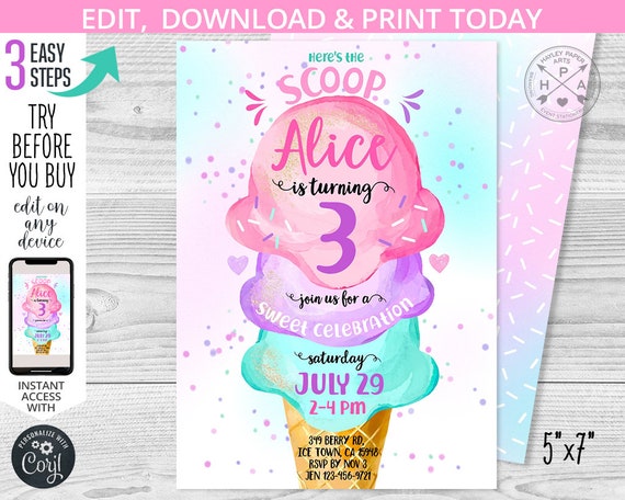 Ice cream birthday here's the scoop invitation purple pink aqua girl summer party icecream invite invitations. Editable template. 118HPA 01 Il_570xn