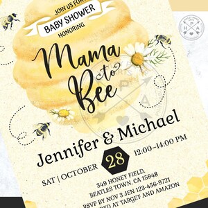 May include: Baby shower invitation with a yellow and white watercolor design. The invitation features the text "Mama to Bee" with bees, daisies, and the names Jennifer & Michael. The date is October 28th.