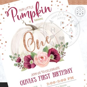 May include: A white pumpkin with gold glitter accents and a floral wreath of pink and burgundy flowers. The text "Our Little Pumpkin is Turning One" is written in pink and gold glitter. The text "Olivia's First Birthday" is written in burgundy and gold glitter. The text "2:00-5:00 PM" is written in gold glitter.